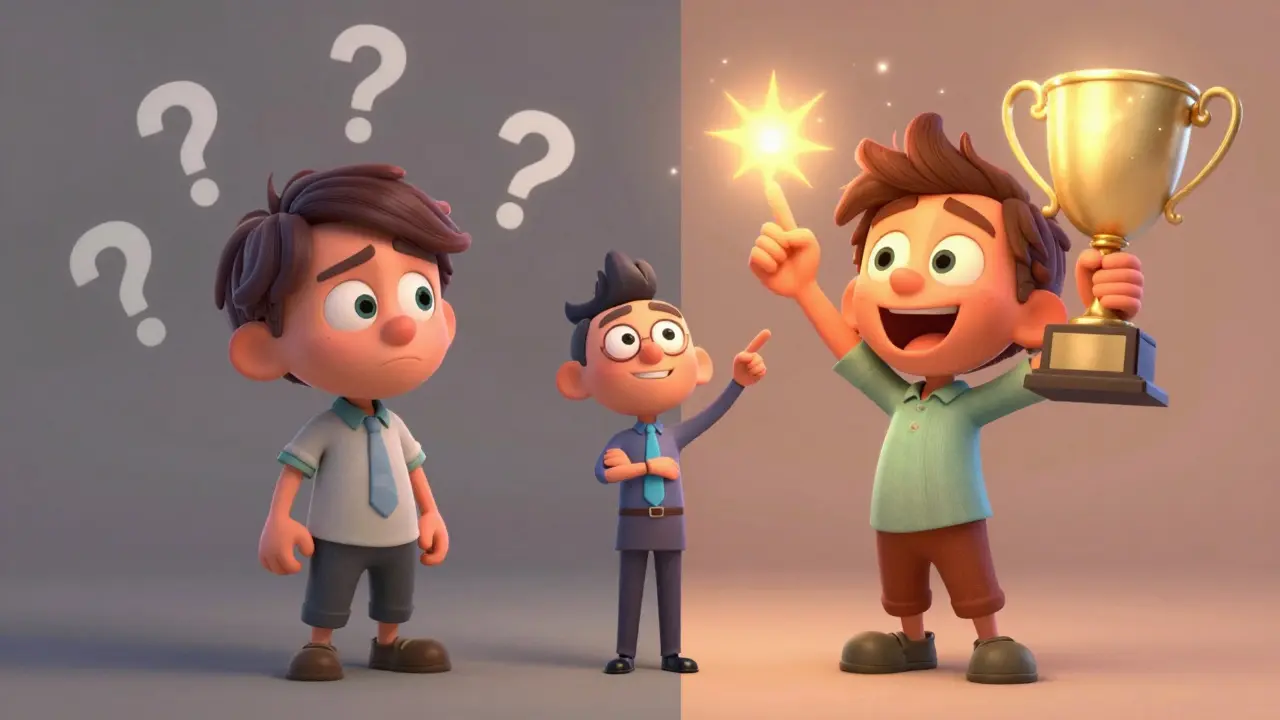 Сравнение состояния до и после обучения с ментором в стиле 3D анимации