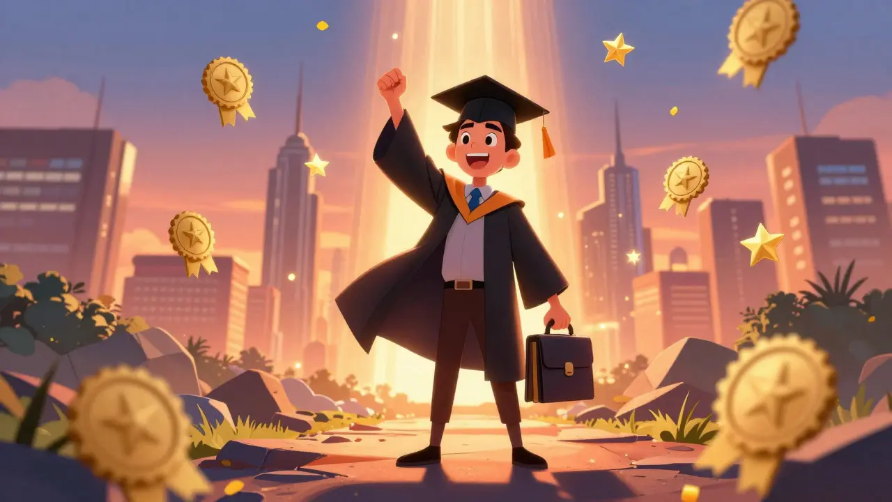 Успешный выпускник с достижениями стоит на пути к карьере