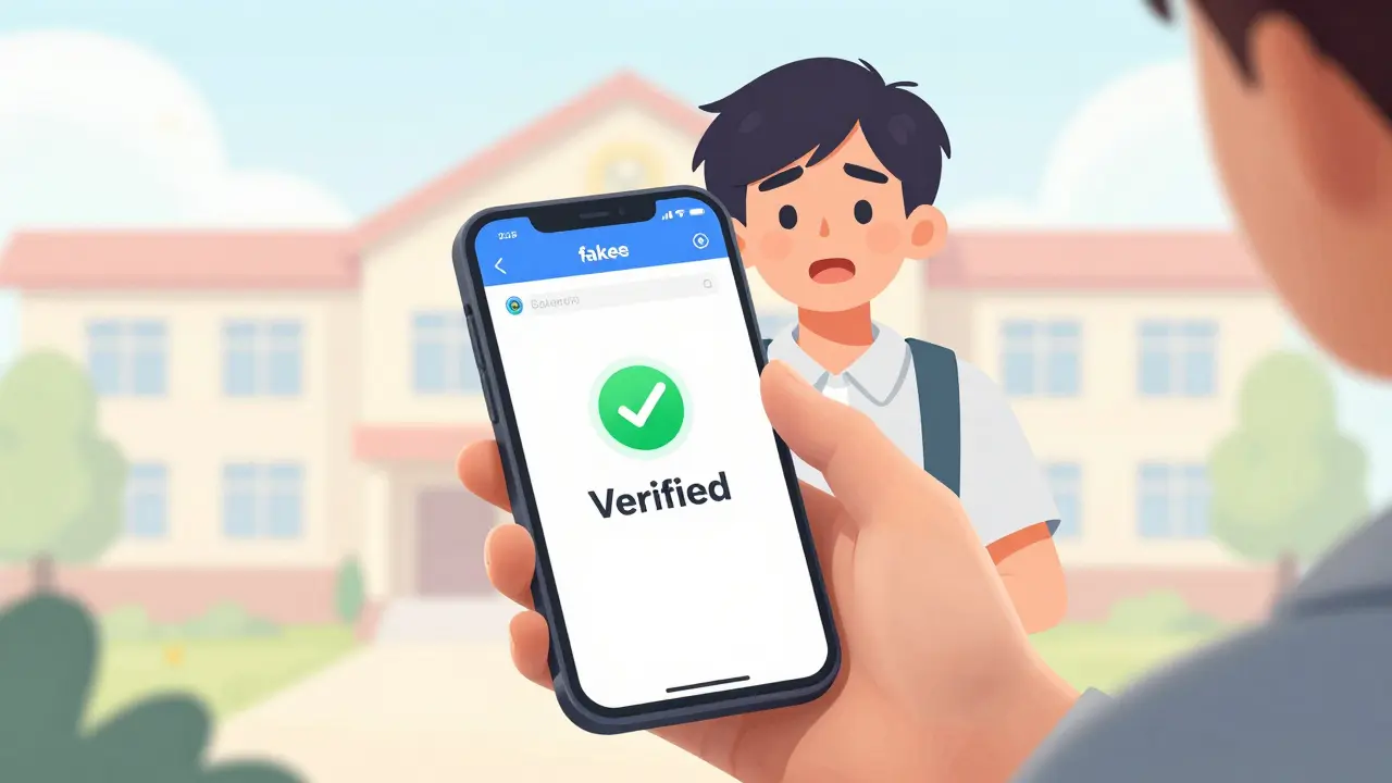 Родитель проверяет статус аккредитации школы на смартфоне