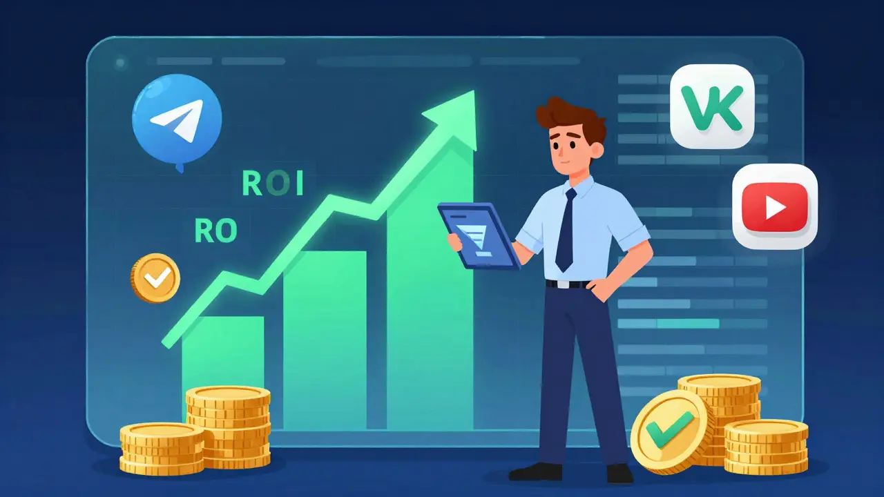 Маркетолог анализирует рост продаж и ROI на голографическом экране