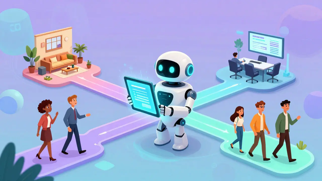 AI-ассистент показывает персональные пути для разных клиентов в современном офисе