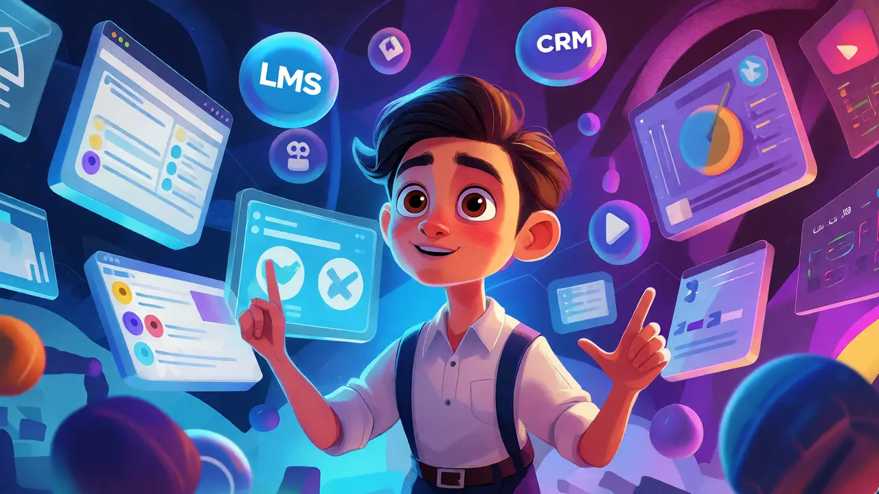 Новый преподаватель осваивает сложные цифровые инструменты LMS и CRM в мультяшном стиле.