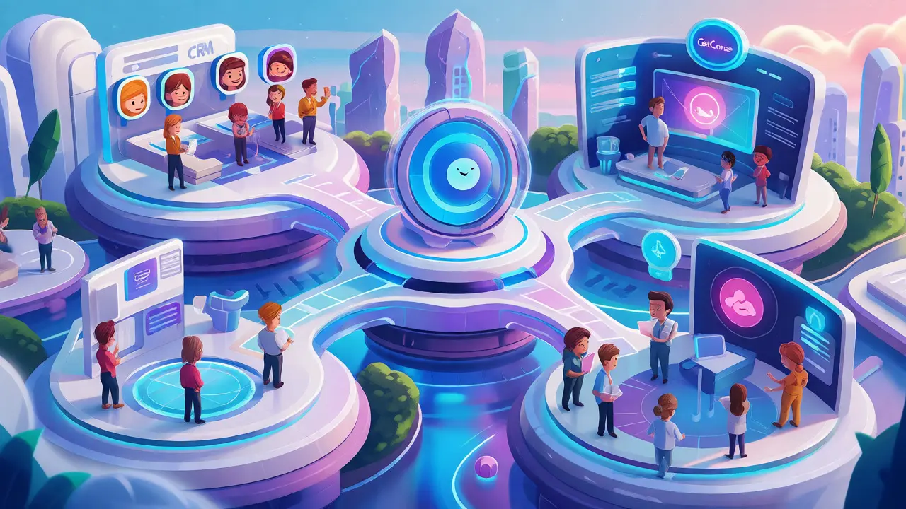 Иллюстрация в стиле DreamWorks: единая экосистема с плавными связями между CRM, вебинарами и обучением